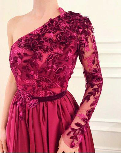 burgundy a line applique long sleeve one shoulder prom dresses with slit dmh61 burgundy a line applique long sleeve one shoulder prom dresses with slit dmh61