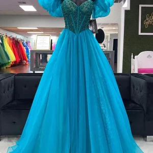 Evening Dresses import placeholder for blue a line puff off the shoulder beaded 160218849