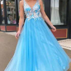 Evening Dresses import placeholder for blue v neck tulle lace appliques long pr 160218700