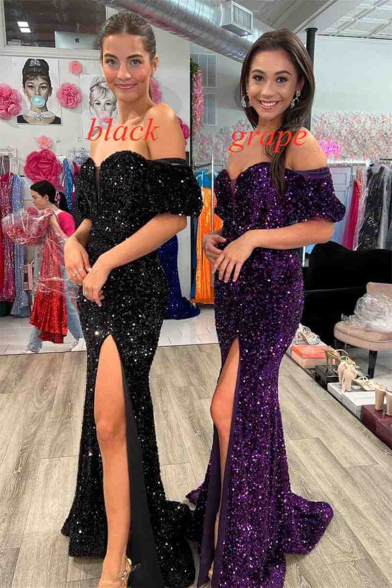 mermaid long red puff sleeves prom dress sparkly sequined with side slit dm1957 mermaid long red puff sleeves prom dress sparkly sequined with side slit dm1957