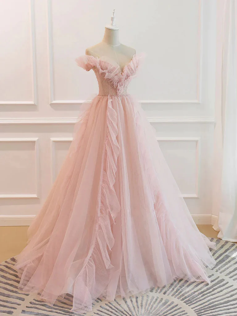 elegant off the shoulder pink tulle long prom dresses, formal evening dresses dmp320 elegant off the shoulder pink tulle long prom dresses, formal evening dresses dmp320
