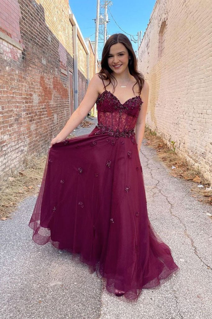 burgundy a line spaghetti straps long prom dresses, tulle evening dresses with flowers dmp050 burgundy a line spaghetti straps long prom dresses, tulle evening dresses with flowers dmp050