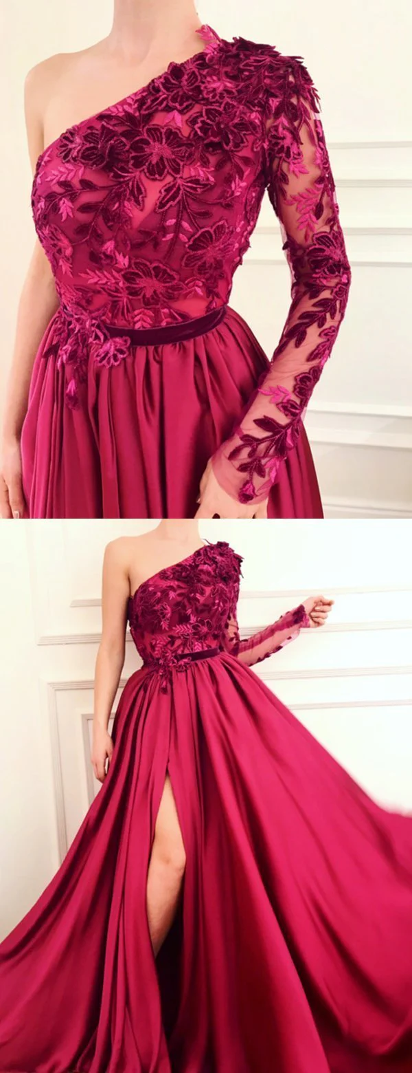 burgundy a line applique long sleeve one shoulder prom dresses with slit dmh61 burgundy a line applique long sleeve one shoulder prom dresses with slit dmh61