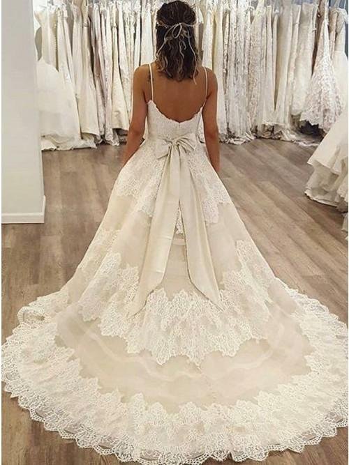 a line spaghetti straps ivory sweep train wedding dress with lace bowknot dmr13 a line spaghetti straps ivory sweep train wedding dress with lace bowknot dmr13