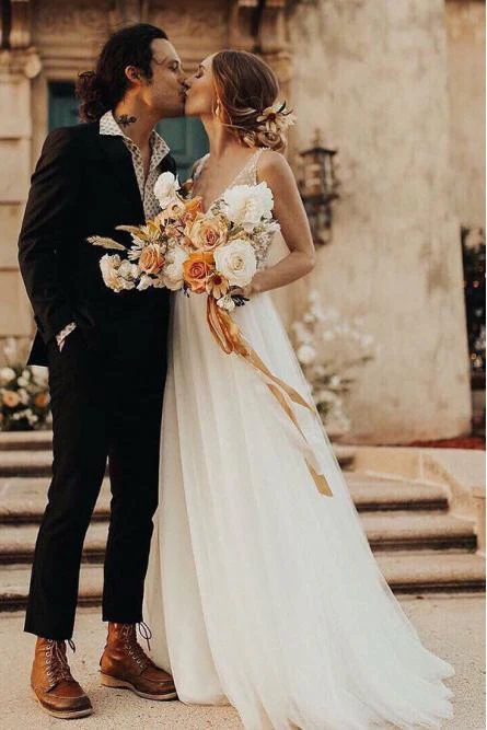 a line v neck backless sweep train tulle sexy wedding dress with pearls dms37 a line v neck backless sweep train tulle sexy wedding dress with pearls dms37