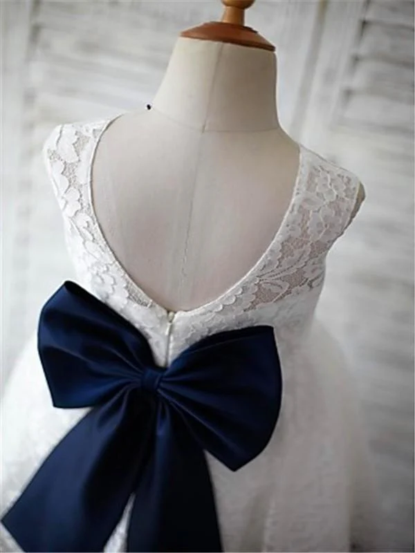 a line scoop sleeveless bowknot floor length lace flower girl dresses with navy sash dm723 a line scoop sleeveless bowknot floor length lace flower girl dresses with navy sash dm723