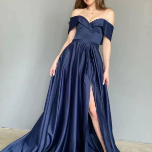 Evening Dresses import placeholder for dark blue a line satin off the shoulder 160219001