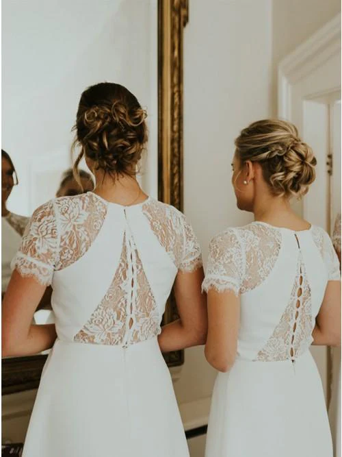 a line short sleeves hi low off white satin bridesmaid dress with lace dmr88 a line short sleeves hi low off white satin bridesmaid dress with lace dmr88
