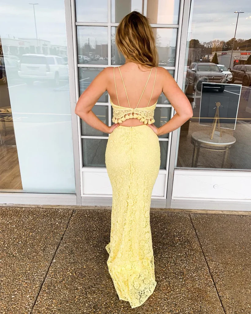 two piece spaghetti straps yellow lace long mermaid prom dress dmr58 two piece spaghetti straps yellow lace long mermaid prom dress dmr58