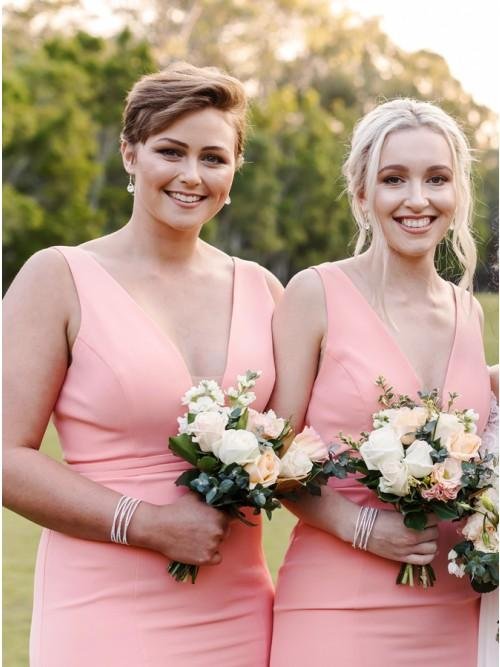mermaid v neck sweep train pink satin simple bridesmaid dress dmr28 mermaid v neck sweep train pink satin simple bridesmaid dress dmr28
