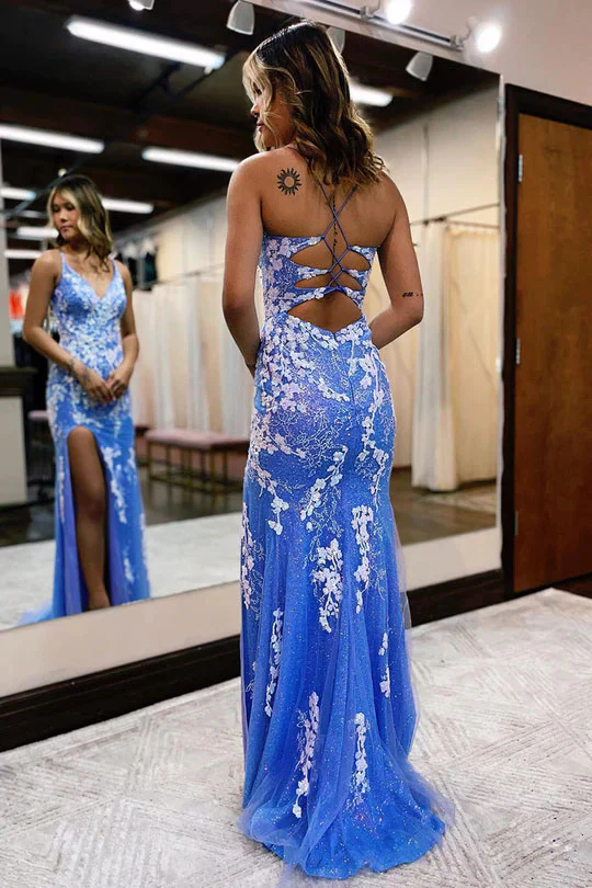 blue plunging v neck sequins appliques mermaid prom dress with slit dmp253 blue plunging v neck sequins appliques mermaid prom dress with slit dmp253