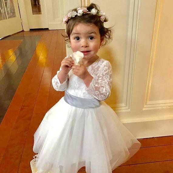long sleeves light ivory lace tulle flower girl dress with silver sash dm206 long sleeves light ivory lace tulle flower girl dress with silver sash dm206