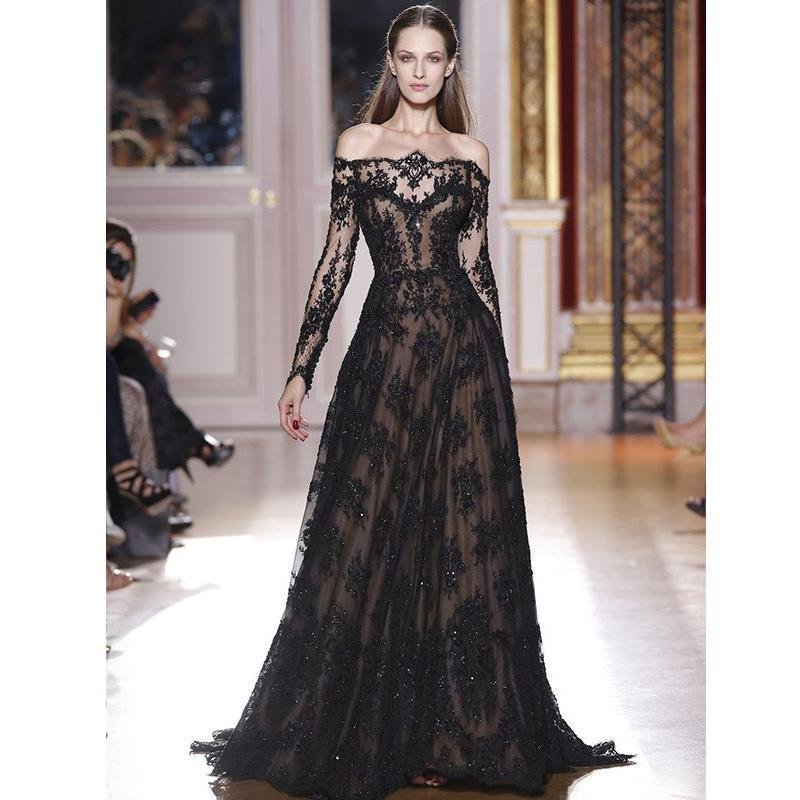 romantic long sleeves off the shoulder lace appliques a line black prom dresses dmg33 romantic long sleeves off the shoulder lace appliques a line black prom dresses dmg33