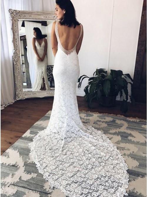 mermaid v neck backless court train lace wedding dress with split dmr38 mermaid v neck backless court train lace wedding dress with split dmr38