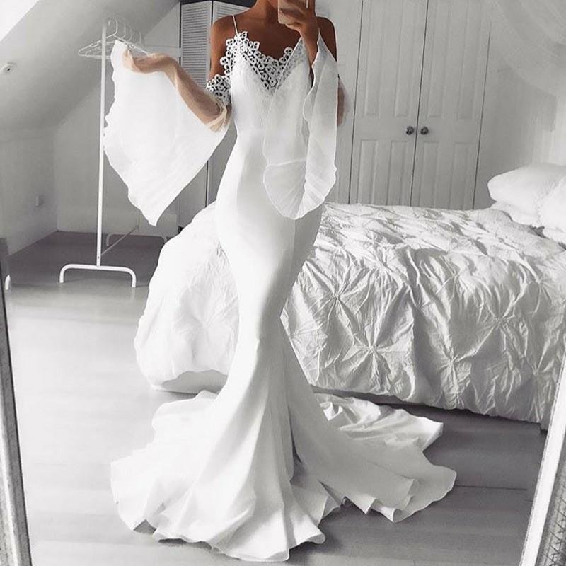 mermaid cold shoulder flare sleeves white prom dress with lace dmk68 mermaid cold shoulder flare sleeves white prom dress with lace dmk68
