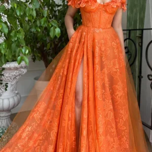 import placeholder for off the shoulder a line lace orange long 160218856