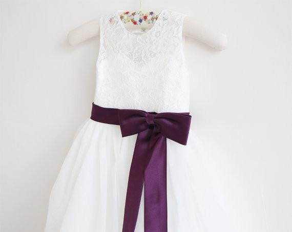 light ivory lace tulle sleeveless floor length flower girl dress with eggplant sash/bows dm213 light ivory lace tulle sleeveless floor length flower girl dress with eggplant sash/bows dm213