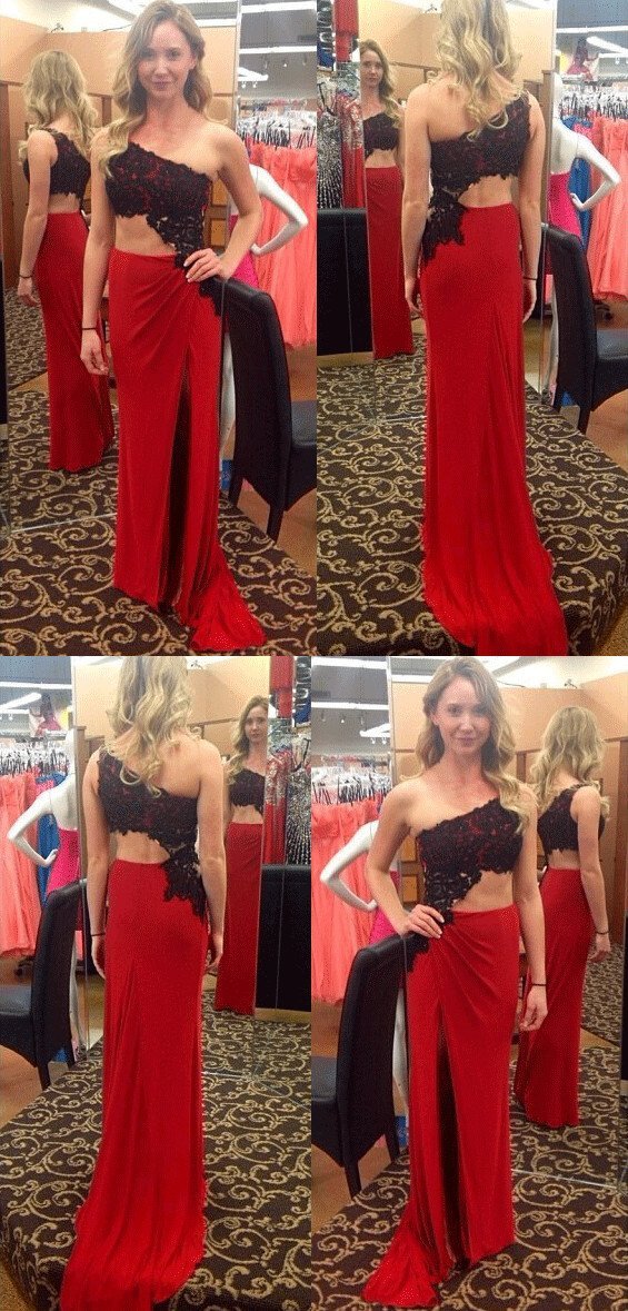 black lace one shoulder red sexy prom dress,long party dresses dme54 black lace one shoulder red sexy prom dress,long party dresses dme54