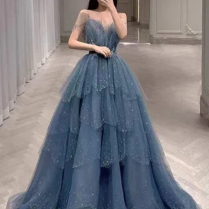 Evening Dresses import placeholder for dusty blue sparkly tulle beaded prom dre 160219403