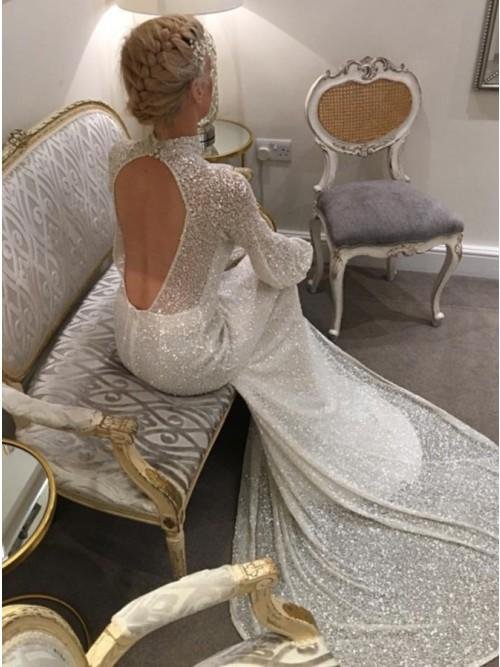 mermaid high neck open back sweep train ivory lace wedding dress dmr17 mermaid high neck open back sweep train ivory lace wedding dress dmr17