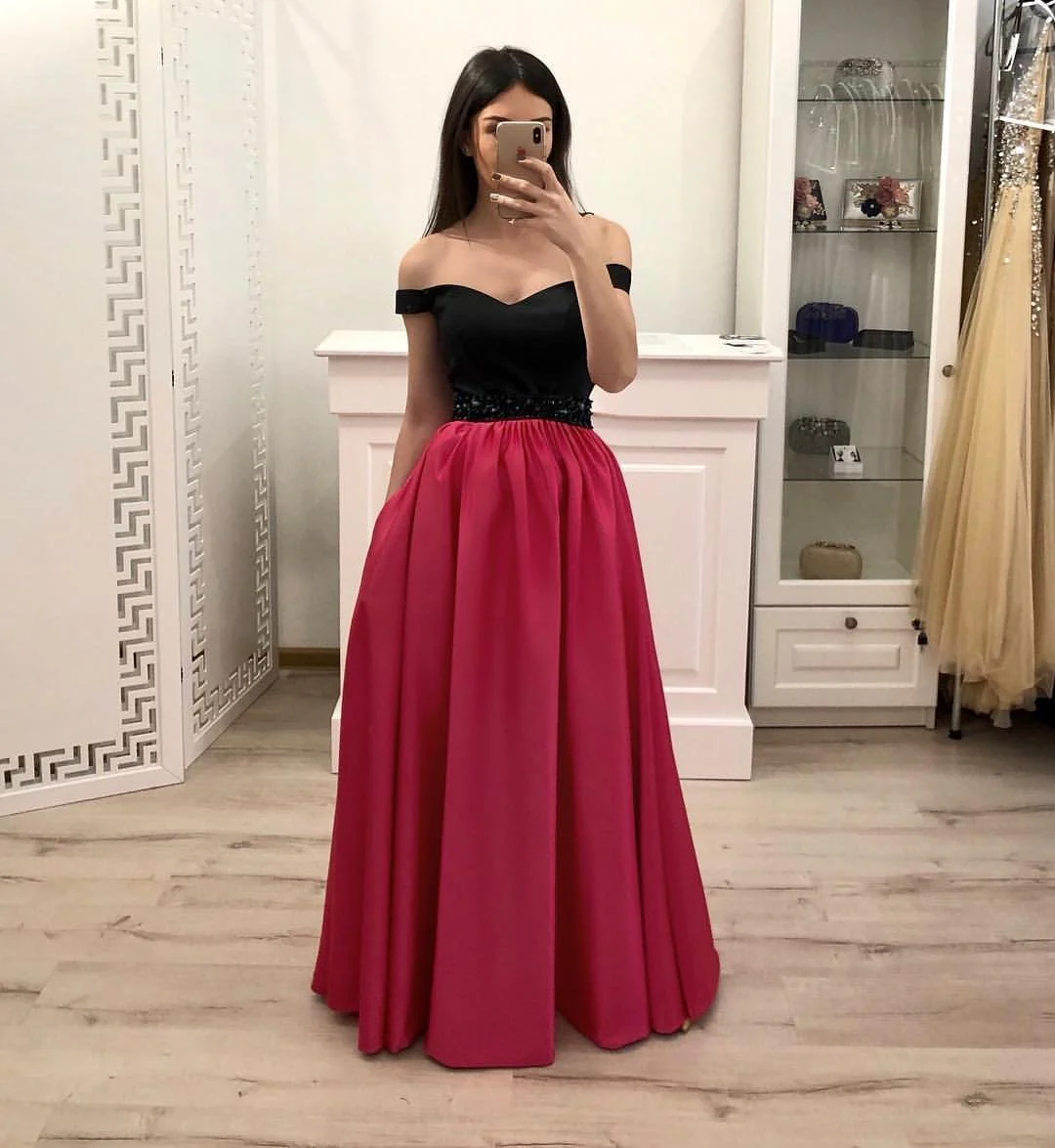 hot pink satin long prom gown with pockets, simple beaded evening dresses with black top dmi14 hot pink satin long prom gown with pockets, simple beaded evening dresses with black top dmi14