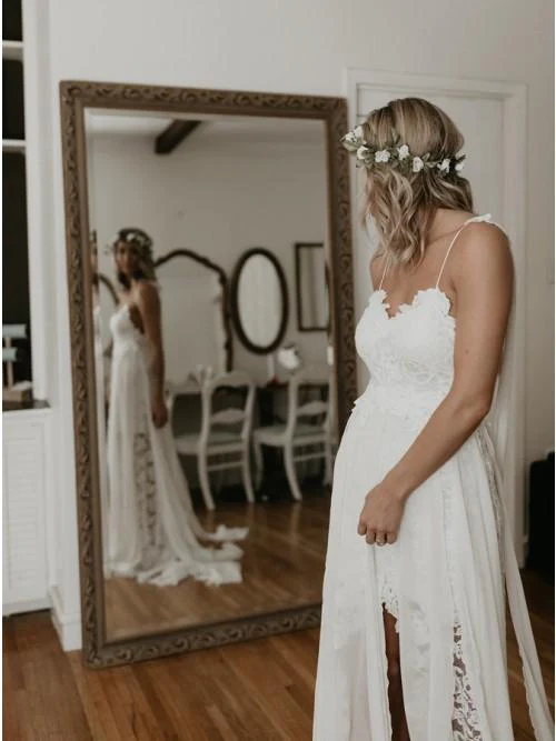 sheath spaghetti straps backless hi low lace boho beach wedding dress dmk40 sheath spaghetti straps backless hi low lace boho beach wedding dress dmk40