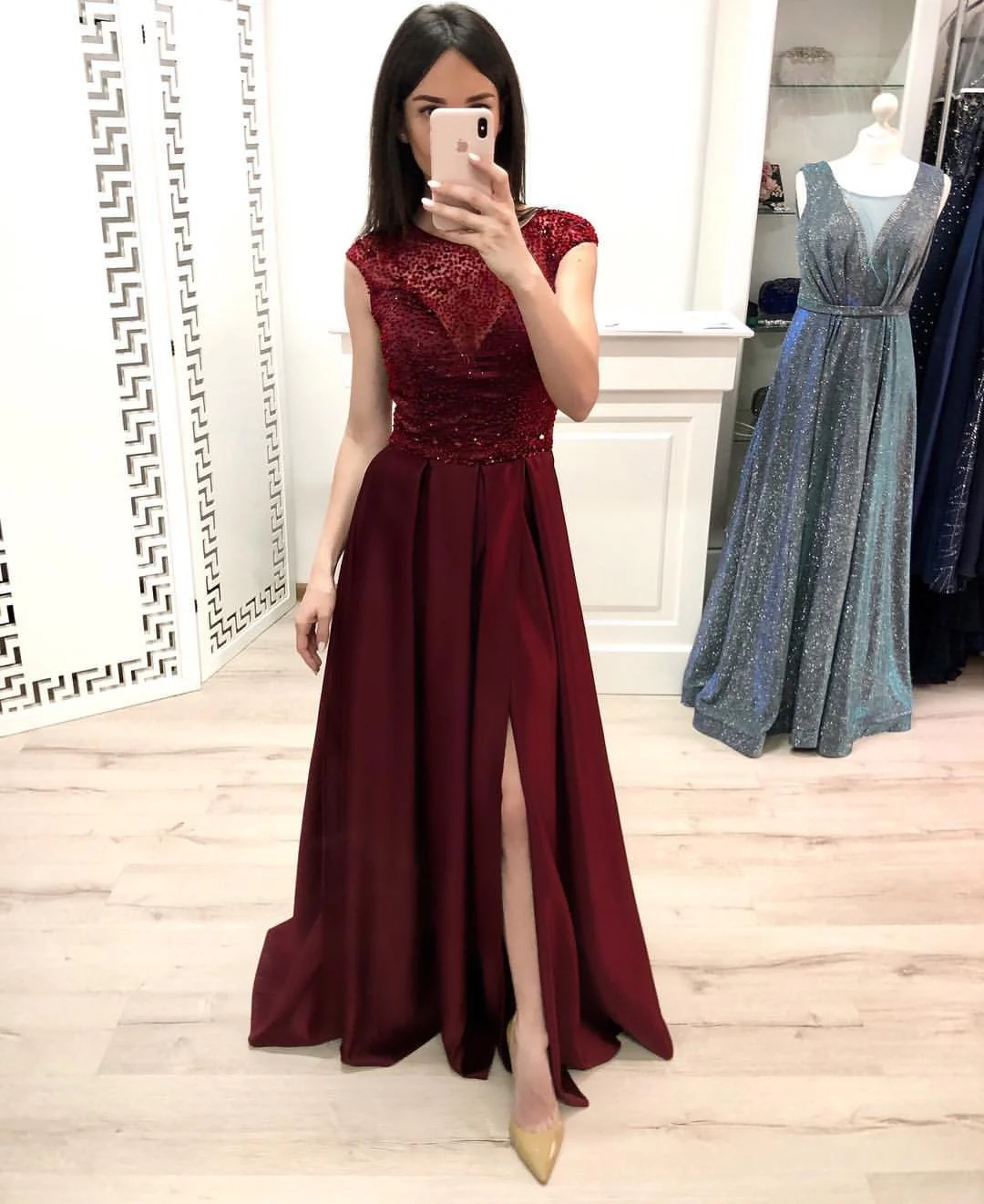 burgundy a line cap sleeves prom dresses, long beading slit prom gown dmk28 burgundy a line cap sleeves prom dresses, long beading slit prom gown dmk28