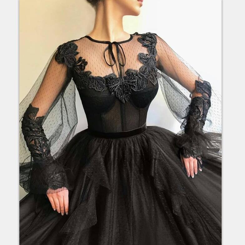 black long a line tulle prom dress, long sleeves modest evening gown dmg82 black long a line tulle prom dress, long sleeves modest evening gown dmg82