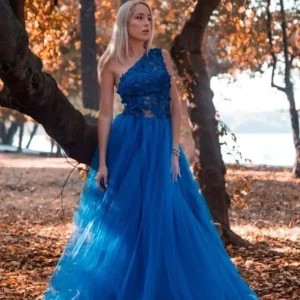 Evening Dresses import placeholder for blue one shoulder tulle a line lace appl 160218624