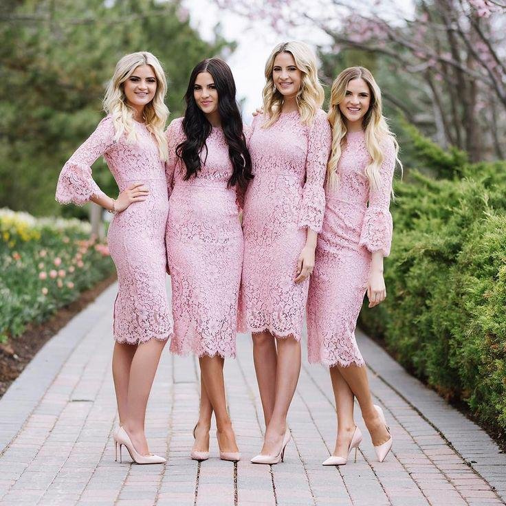 fashion sheath jewel long sleeves pink lace knee length bridesmaid dress dm767 fashion sheath jewel long sleeves pink lace knee length bridesmaid dress dm767