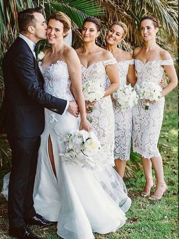 elegant off the shoulder white lace tea length bridesmaid dress dmn1 elegant off the shoulder white lace tea length bridesmaid dress dmn1