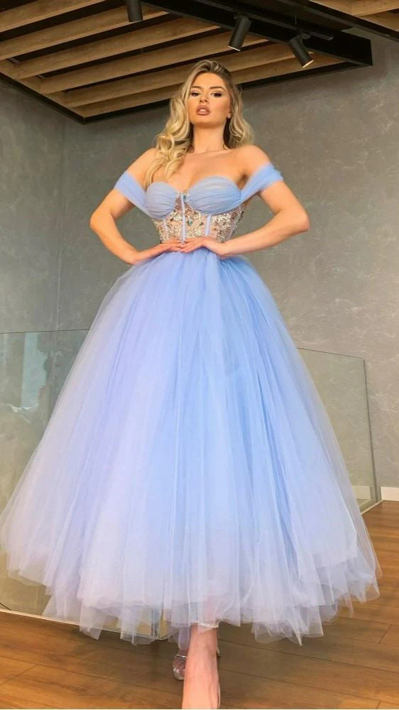 unique off the shoulder sweetheart cristal a line tea length tulle prom dress dm1955 unique off the shoulder sweetheart cristal a line tea length tulle prom dress dm1955