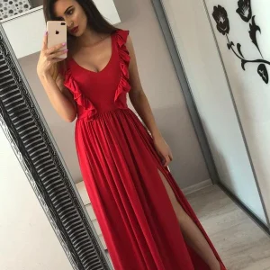 import placeholder for a line v neck floor length red prom dres 160219846