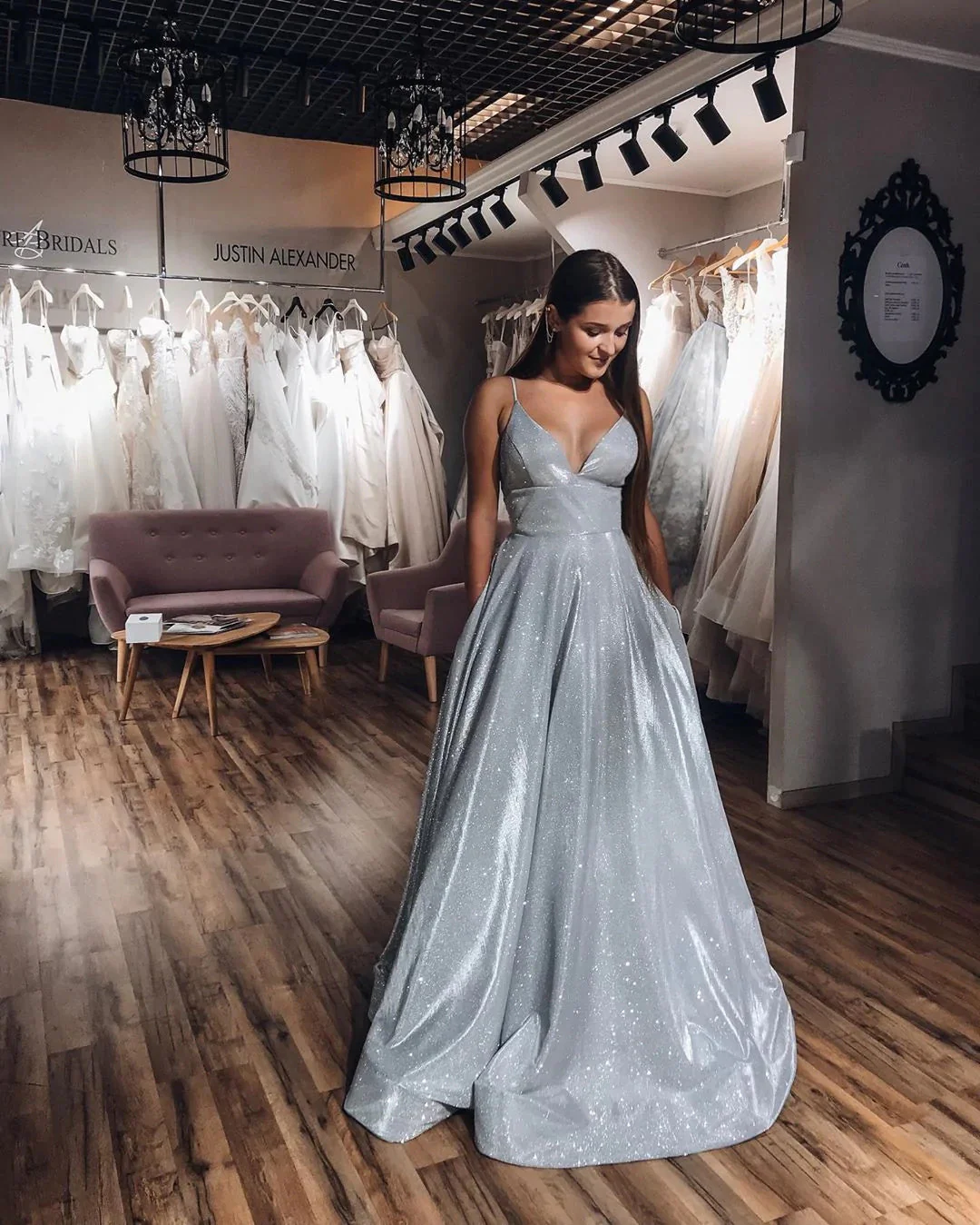 a line v neck spaghetti straps silver sparkle prom dress with pockets dm1964 a line v neck spaghetti straps silver sparkle prom dress with pockets dm1964