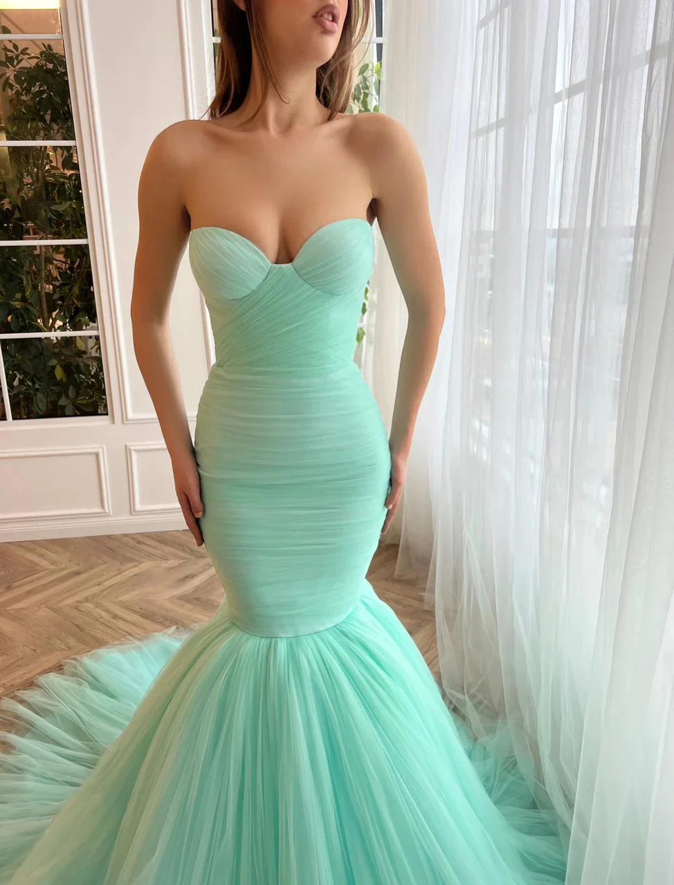 sweetheart mint green mermaid tulle prom dress, strapless formal evening gown dmp267 sweetheart mint green mermaid tulle prom dress, strapless formal evening gown dmp267