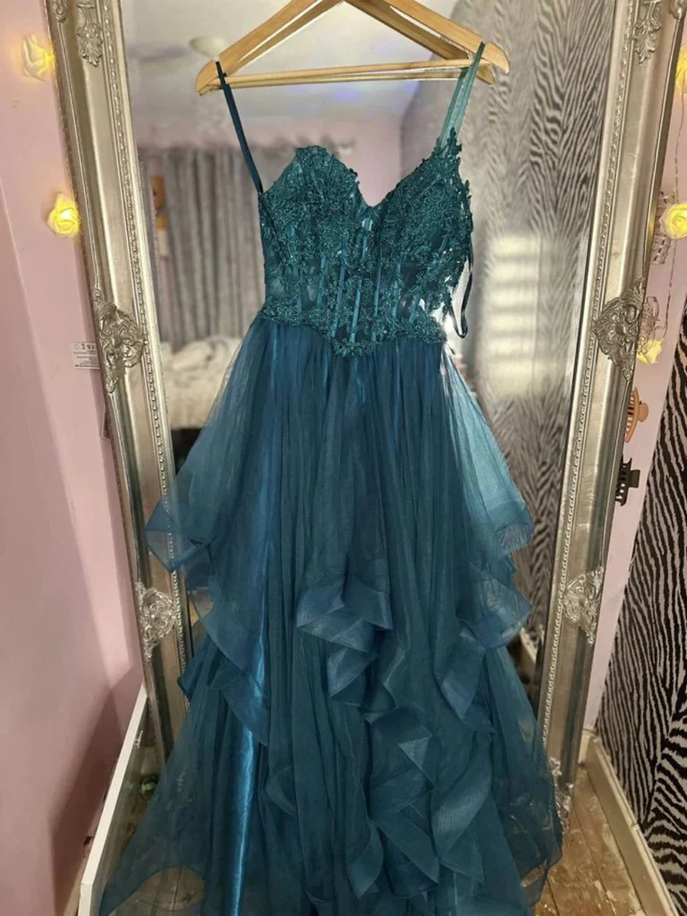 v neck fluffy blue lace long prom dresses, blue lace formal evening dresses dmp317 v neck fluffy blue lace long prom dresses, blue lace formal evening dresses dmp317