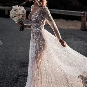 Wedding Dresses import placeholder for sparkly a line see through deep v neck l 160220451
