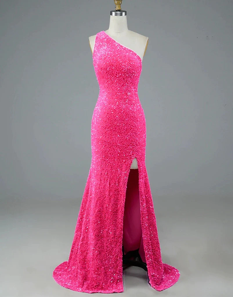 fuchsia mermaid one shoulder prom dresses with slit sequin evening dress dmp154 fuchsia mermaid one shoulder prom dresses with slit sequin evening dress dmp154