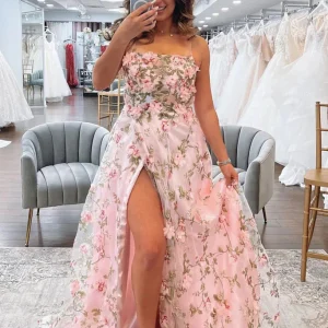 Evening Dresses import placeholder for a line pink floral long prom dresses wit 160218892