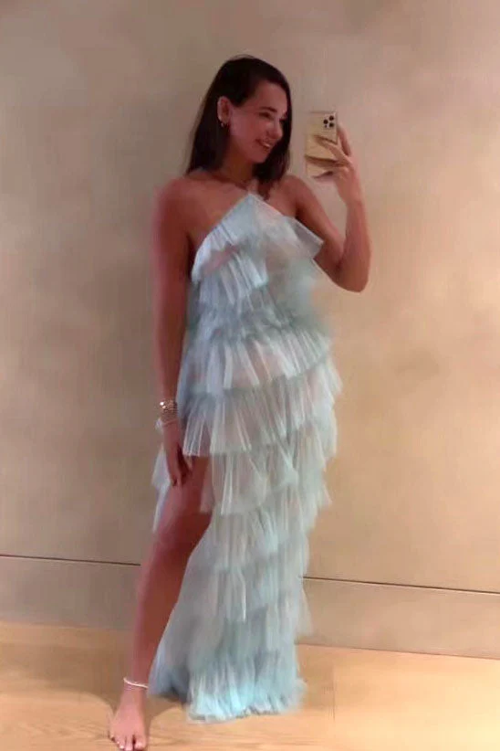 new style halter ruffles tulle prom dresses with slit, long backless party dress dmp116 new style halter ruffles tulle prom dresses with slit, long backless party dress dmp116