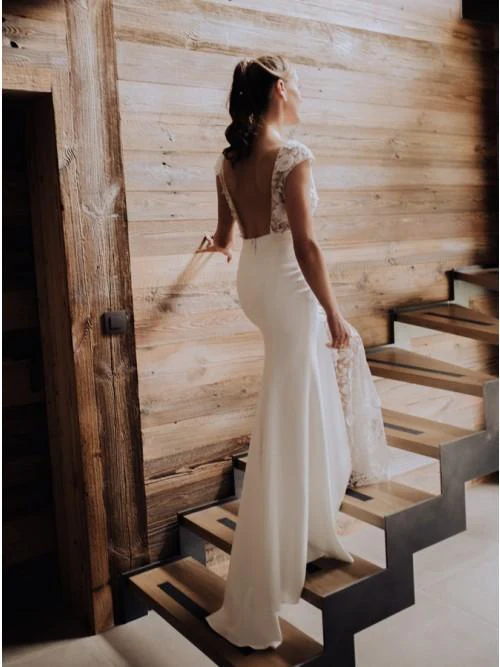 sheath bateau cap sleeves sweep train lace wedding dress with split dmr36 sheath bateau cap sleeves sweep train lace wedding dress with split dmr36