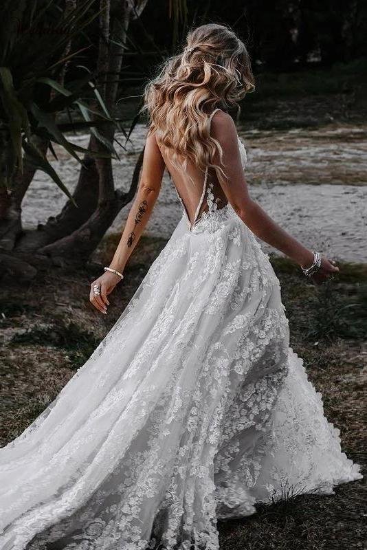 boho deep v neck a line lace wedding dresses with slit, spaghetti straps bridal gowns dmw13 boho deep v neck a line lace wedding dresses with slit, spaghetti straps bridal gowns dmw13