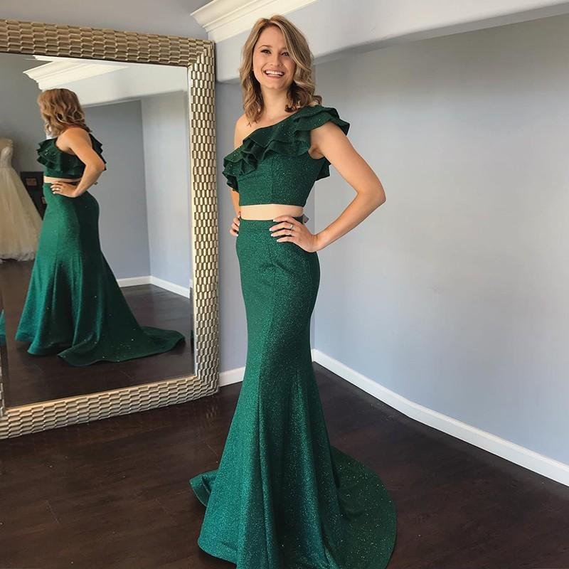 cheap two pieces mermaid one shoulde green prom dress with ruffles dmk69 cheap two pieces mermaid one shoulde green prom dress with ruffles dmk69