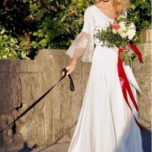 Wedding Dresses import placeholder for a line v neck v back 3 4 sleeves satin b 160220389