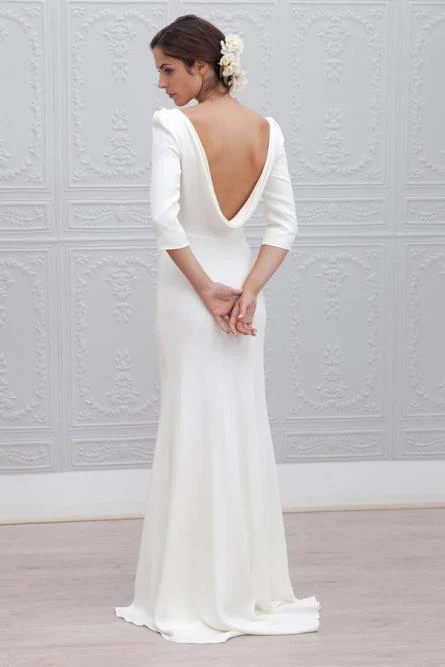 simple sheath bateau backless 3/4 sleeves sweep train beach wedding dress dms35 simple sheath bateau backless 3/4 sleeves sweep train beach wedding dress dms35