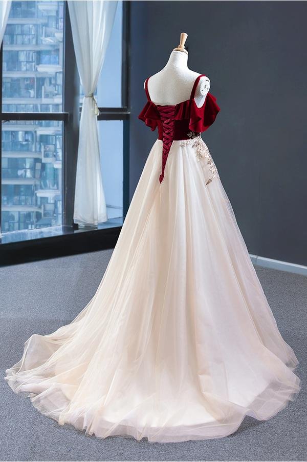 vintage red top straps tulle formal dress, elegant appliques prom dress dmp021 vintage red top straps tulle formal dress, elegant appliques prom dress dmp021