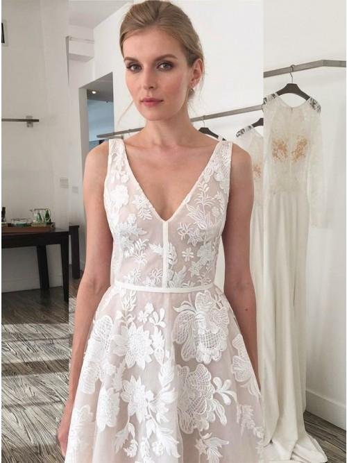 a line v neck backless sweep train ivory wedding dress with appliques dmr20 a line v neck backless sweep train ivory wedding dress with appliques dmr20