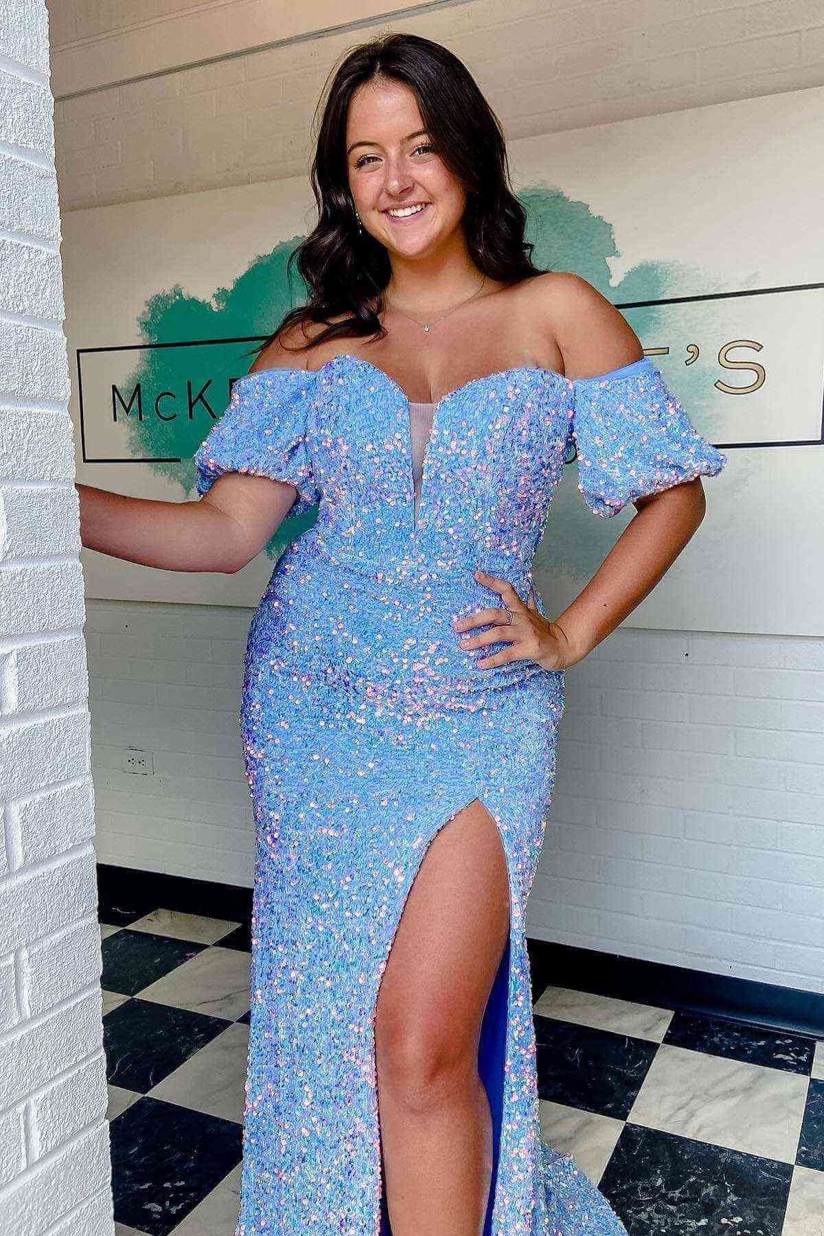mermaid long red puff sleeves prom dress sparkly sequined with side slit dm1957 mermaid long red puff sleeves prom dress sparkly sequined with side slit dm1957