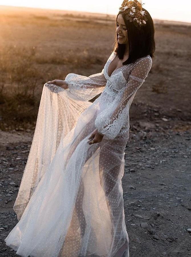 a line v neck long sleeves beach wedding dress with appliques dml49 a line v neck long sleeves beach wedding dress with appliques dml49