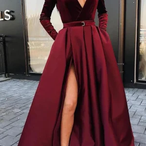 import placeholder for burgundy v neck long sleeves prom dresse 160219956